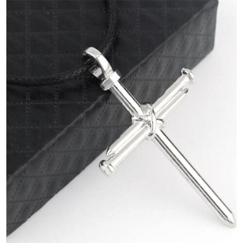 Stainless Steel Nail Cross Pendant Necklace Silver Color Pendant Men Jewelry Leather Rope Chain Creative Necklace Gifts