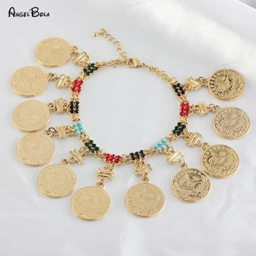 Color Crystal Bracelet Coin Pendant Adjustable Gold Bracelet for Woman Muslim Noble Wedding Luxury Jewelry Accessories Gift