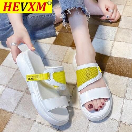 HEVXM 2021 Breathable Mesh Beach Slippers Women Leather Summer Slides Woman Casual Strap Low Heel Platform Sandals Female