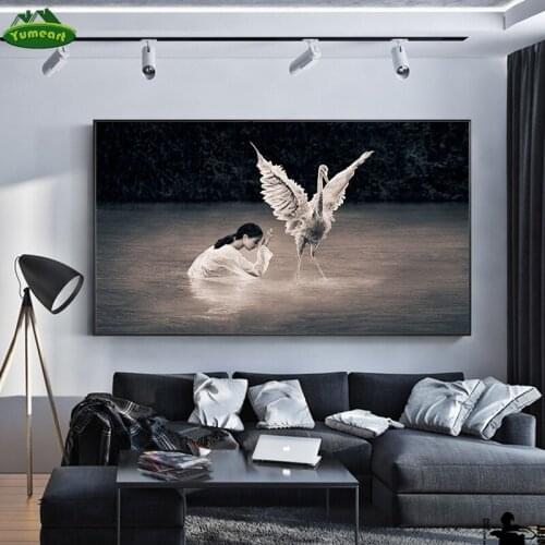 Prayer Girl and Swan Canvas Art Paintings Black White Print and Poster Wall Art Bedroom Living Room Minimalist Home Decoration