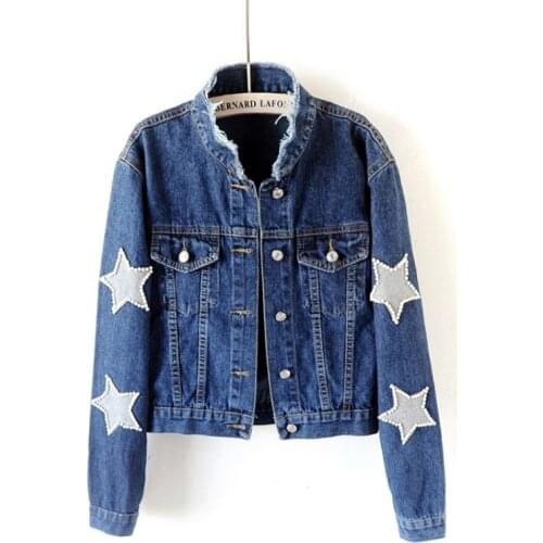 Women Casual Denim Jacket Star Spliced Pearls Fashion Outwear Coat Female Streetwear Single Breasted Tassels Short Jean Jacket