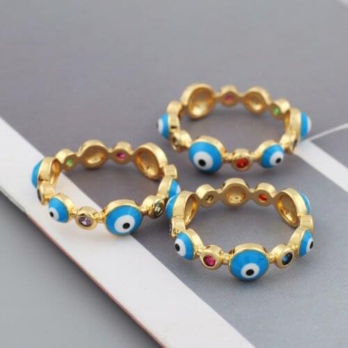 Fashion Bohemian Rainbow Turkish Evil Eye Rhinestone Filled Rings For Women Boho Blue Devil Ring Enamel Jewelry Mujer Bijoux