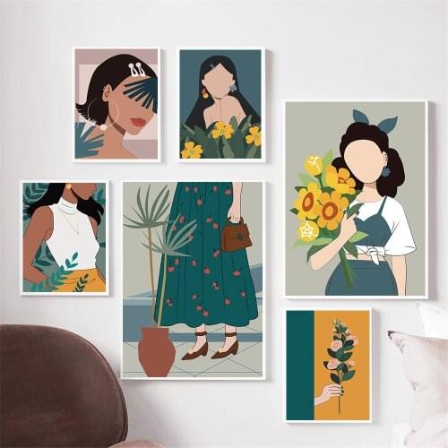 Fashion Vintage Girl Flower Plant Wall Art Abstract Canvas Painting Nordic Posters And Prints Wall Pictures Bedroom Home Decor