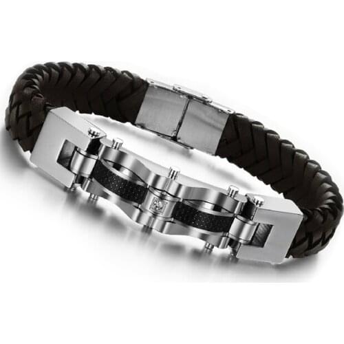 Fashion Men Jewelry Black Braided Genuine Leather Bracelet Men Stainless Steel Cuff Bracelets Bangles Men Jewelry