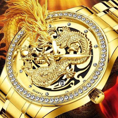 Mens Watch 3D Carving Exquisite Dragon Watch Luxury Diamond Dial Date Clock Men Hour Erkek Kol Saati 2020 Fashion Male Clock