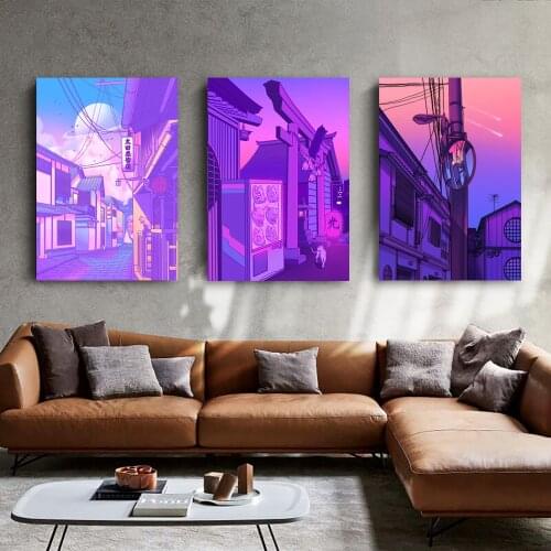 Wall Art Home Cartoon Purple Build City Decor Canvas Print Paintings Modern Poster Living Room Modular Pictures Frame Artwork