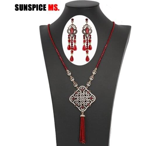 SUNSPICE-MS Handmade Natural Stones Bead Earring Necklace Set For Women High Quality Turkish Antique Gold Color Wedding Jewelry