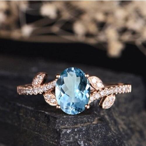 QTT New 14k Rose Gold Rings Blue Oval AAA Crystal Zircon Promise Ring Luxury Women Jewelry Wedding Engagement Gift