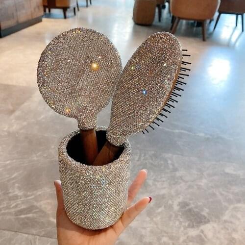 3 Pieces Set Luxury Combs Mirrors and Box Girl Hair Brushes Anti Static Inlay Rhinestones Hair Combs for Kid Women Massage Comb