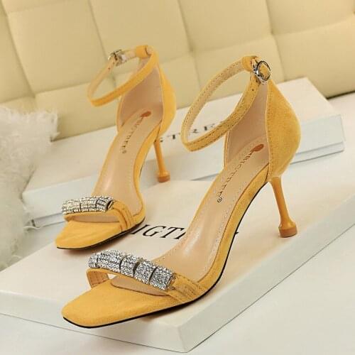Womens Ankle Strap Single Band Sandal Korean Style Rhinestone Office 7cm Heeled Sandals Pink Red Yellow