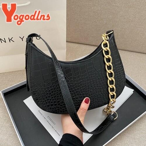 Yogodlns Alligator Pattern Shoulder Bag Women PU Leather Half-moon Bag Fashion Chains Crossbody Bag Designer Armpit Bag Purse