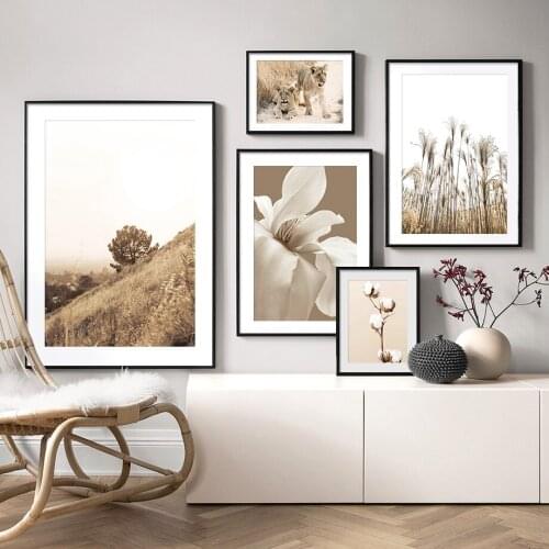 Grass Lion Reed Flower Cotton Nordic Beige Landscape Posters And Prints Art Canvas Painting Wall Pictures For Living Room Decor