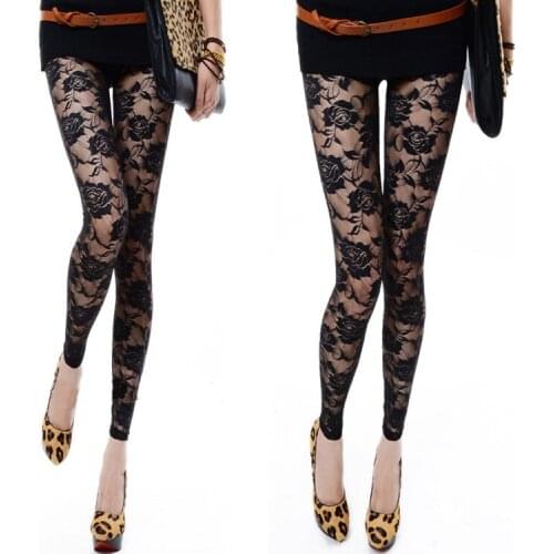 2019 spring and summer new south Korean sexy see-through rose bud silk mesh nine points ladies leggings