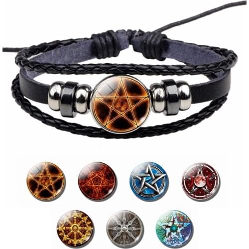 Pagan Charm Gothic Black Bangle Pentagram Star Symbols Wiccan Pentacle Leather Bracelets Vintage Jewelry Gift for Women Men