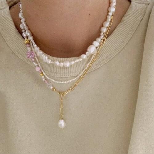 Creative Hip Hop Gold-color Chain Natural Pearl Necklace Pink Stone Mix and Match For Women Banquet Party Jewelry Choker 2021
