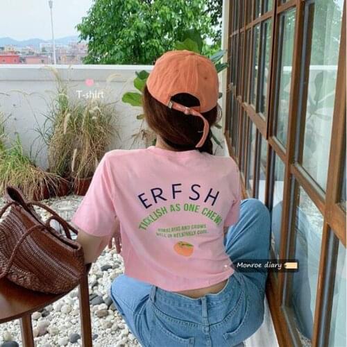 Sweet Style T shirt Women Letters Print Short Sleeve Round Neck Cotton Spandex Women Tops Short Length T-shirt Woman