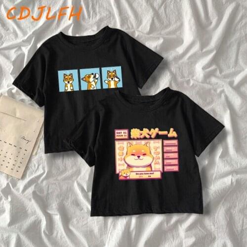 Harajuku Kawaii Cute Shiba Inu Dog Graphics Summer Korean Streetwear Black Short Sleeve Women O-neck T-Shirts Casual Crop Tops