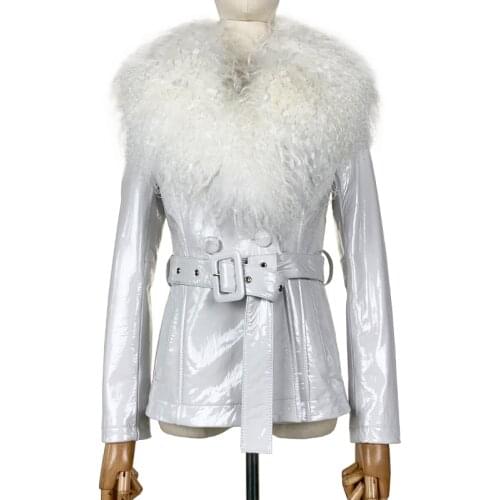 Ladies Genuine Patent Leather Jacket With Curly Fur Collar