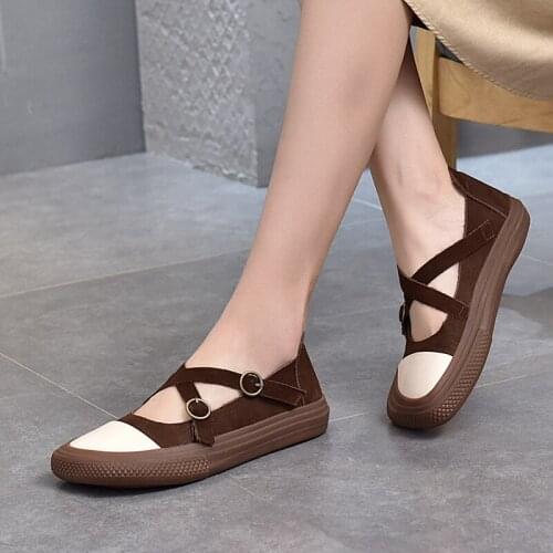 Womens Genuine Leather Woman Shoes Belt Buckle 2021 Spring New Cowhide Single Shoes Flat-Heeled Shoes Student Platform Sneakers