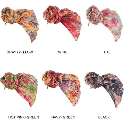 Womens Bonnet Wind Knot Cap Balinese Tie Dyed Ball Scarf Hat Wrap Headwear Muslin Hijab Turban Printing Fashion