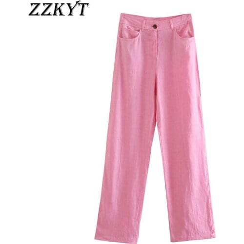 ZZKYT 2021 Women Spring Fashion Pink Straight Pants Vintage High Waist Zipper Fly Side Pockets Office Lady Female Ankle Trousers