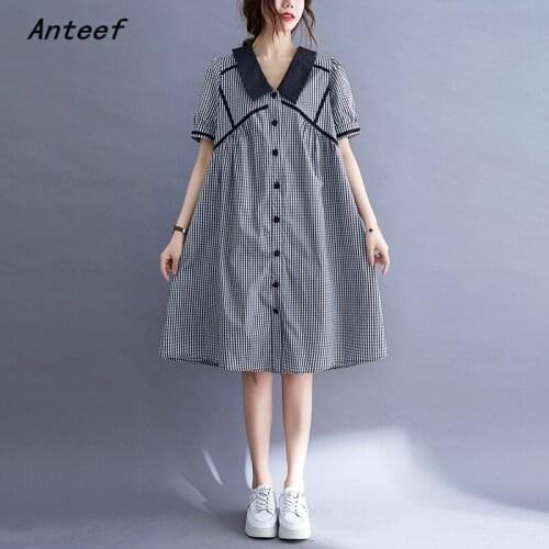 Short sleeve cotton vintage plaid dresses for women casual loose woman midi summer shirt dress elegant clothes 2021