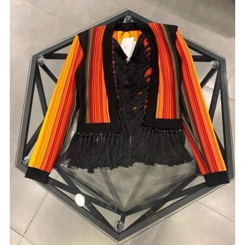 Women High Quality V Neck Rainbow Tassel Knitted Cardigan Female Fashion 2021 New Luxury Runway Sweater