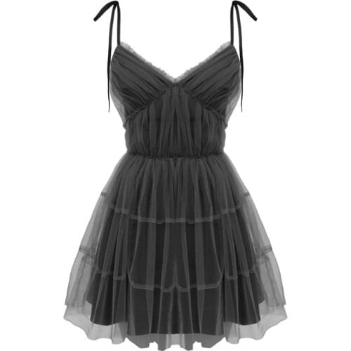 Gothic Sexy Dress V Collar Vintage Spaghetti Strap Mesh Patchwork Mini Dresses 2020 Summer High Waist Dress For Women