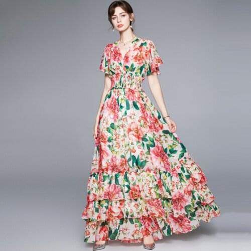 Menahem Summer Chiffon Floral Maxi Dress Women Bohemia Flower Print V-Neck Butterfly Sleeve Elastic Waist Ruffles Long Dress