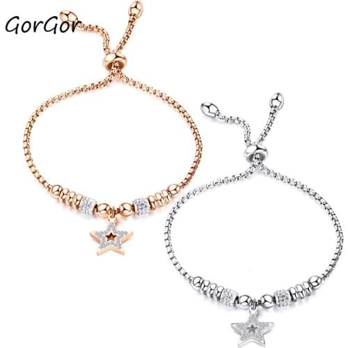 GorGor Hollow-out Round Beads -encrusted Star Bracelet Adjustable Bracelet Rose Gold Plated Womens Titanium Steel 1052