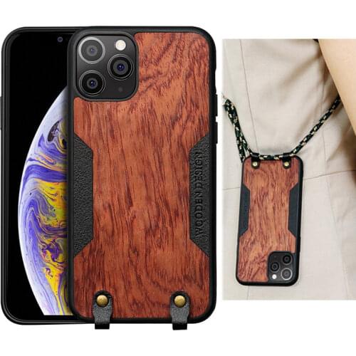 Case for iPhone 12 Mini 11 Pro Max XS X XR Max 8 7 6S Plus SE2 Solid Wood Crossbody Shoulder Strap Full Cover Lanyard Shell