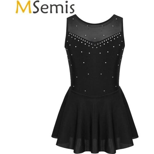 Gymnastics Dress Girls Figure Ice Skating Dress Sleeveless Sparkly Rhinestone Tulle Back Roller Skating Ballet Leotards for Kids