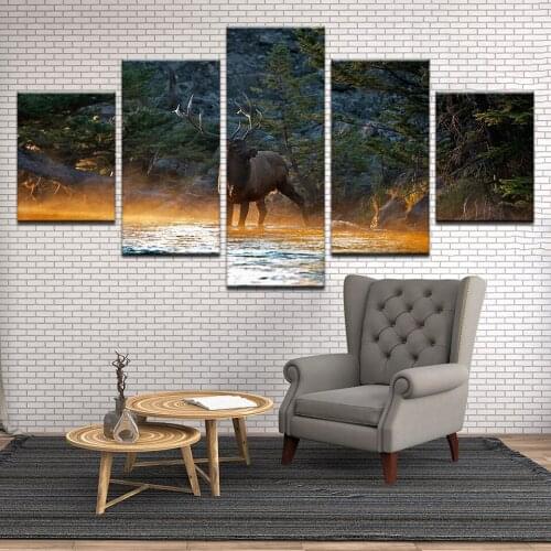 Natural Landspace Picture Animal Reindeer On Rorest River Home Wall Art 5 Piece Modular Picture Living Room Decoration