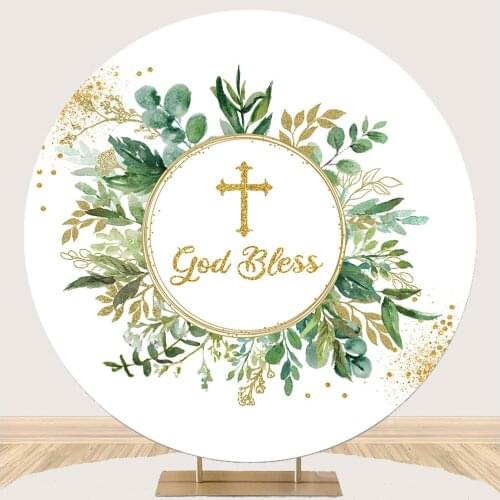 God Bless Round Backdrop Baby Baptism Floral Plants Props First Holy Communion Newborn Shower Party Decor Background Photostudio