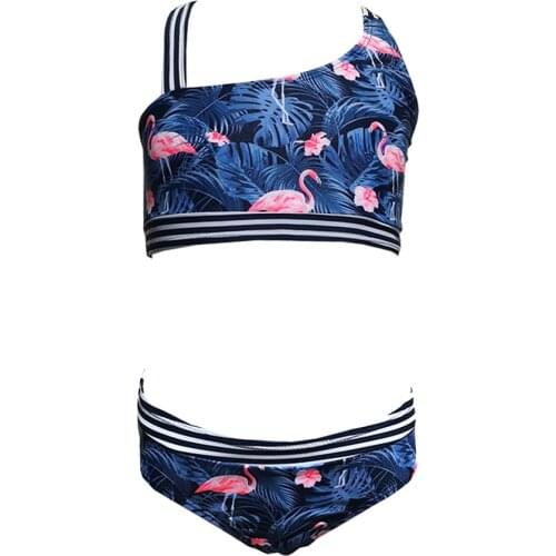3-14 Years Girl Swimsuit Kids Flamingo Print Toddler Girl Bikini Set Cross Back Two Piece Childrens Swimwear Girls Bathing Suit
