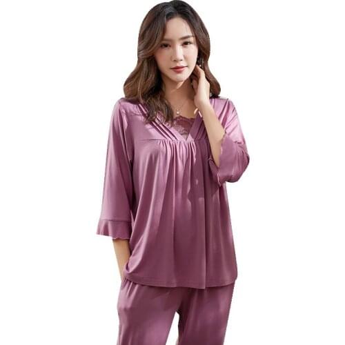 Modal Pajamas Set Women 3/4 sleeve Tops + Long Pants Ladies Sleepwear Solid Color V-Neck Lace Elegant Womens Clothing