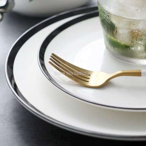 Simple European Style Ceramic Bowl Thick Black Stripe China Bone Deep Plate Porcelain Dinnerware