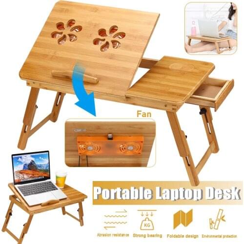Adjustable Table Laptop Bed Desk with Fan Bamboo Rack Shelf Dormitory Bed Sofa Lap Desk Portable Book Reading Tray Stand Table