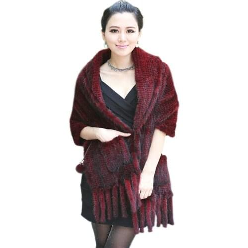 Luxury Womens Genuine Real Knitted Mink Fur Scarves with Tassels Lady Pashmina Wraps Autumn Winter Women Fur Shawls
