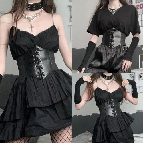 Gothic Dark Lace Up Crop Top Women Corset Belt Slim Leather Tops Bustier Out To Top PU Wear 2021 Cummerbunds Harness Trend J0L4