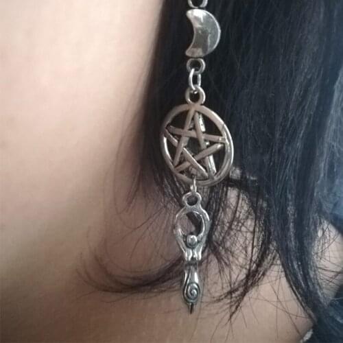 Vintage Long Drop Dangle Earrings For Women Wicca Pentagram Star Moon Pendant Goddess Earrings Pagan Jewelry