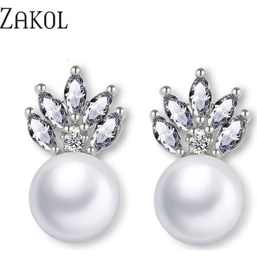 ZAKOL Hot Fashion Exclusive Imitation Pearl & Cubic Zirconia Crystal Stud Earrings With White Color For Women Gift FSEP473