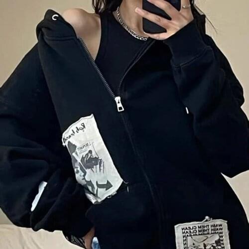 High quality ins cotton retro high street hip-hop loose hoodie women jacket Harajuku sweatshirt Zip-up long sleeve black coat