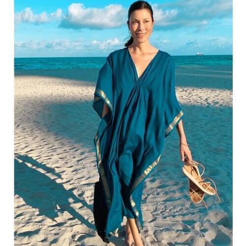 Women Beach Wear Swim Suit Cover Up Casual Bikini Cover-Ups Blue Tunic Sexy Striped Summer Beach Dress Elegant