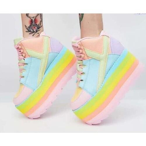 New Girls Sweet Pink Yellow Blue Stripe Thick Sole Platform Shoes Woman Round Toe Lace Up Front 75 mm Increased Wedge Sneakers