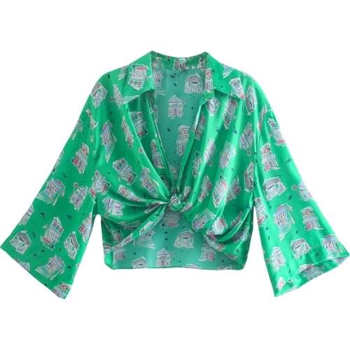 ZXQJ Women 2021 Fashion With Knotted Printed Cropped Blouses Vintage Wide Sleeveless Asymmetry Female Shirts Chic Tops