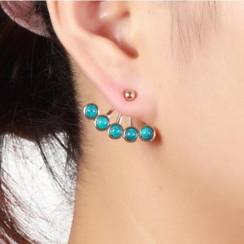Jisensp Bohemian Stud Earrings Tibetan Green Stone Bead Ear Jacket Earrings for Women Wedding Geometric Piercing Earing Koyle