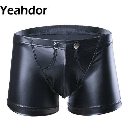 Black Sexy Men Lingerie Faux Leather Shorts Underpants Underwear Press Button with Bulge Pouch Clubwear Night Party Wear for man