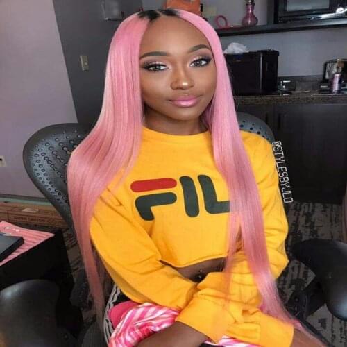 DLME Lace Front Wig pink ombre Wig With Natural Hairline 26inches Heat Resistant Straight Synthetic Wigs For Black Women