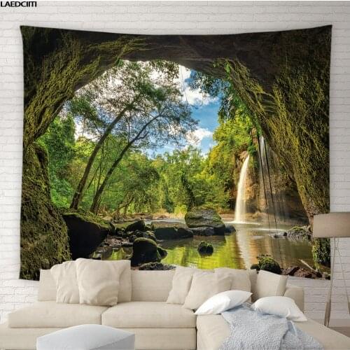 Landscape Scenery Tapestry Waterfall Cave Forest Green Plants Nature Photography Wall Hanging Living Room Bedroom Home Decor